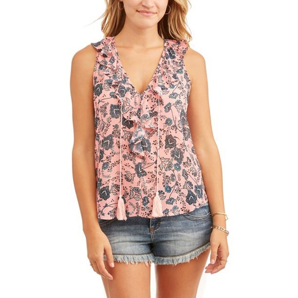 No Boundaries Pink Chiffon Floral Ruffle Tank Top XL - Picture 1 of 10